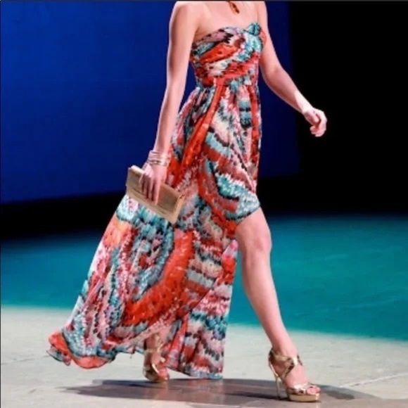 Aidan Mattox Hi Low Feather Print Strapless Chiffon Maxi Dress, size 4 - Picture 15 of 15